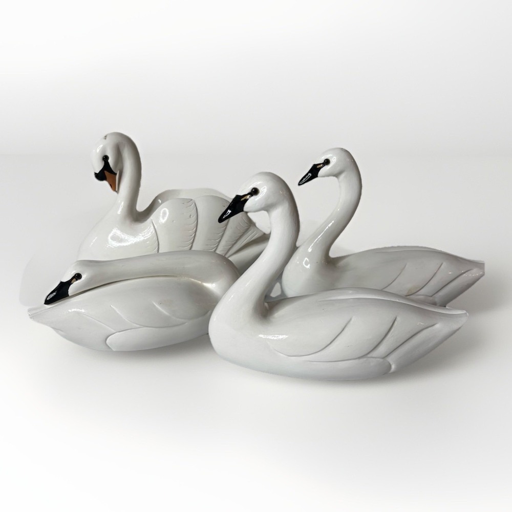 Vintage Wooden White Swans Stamped By EC Gibbs Hand Carved Rare Set Of 4
